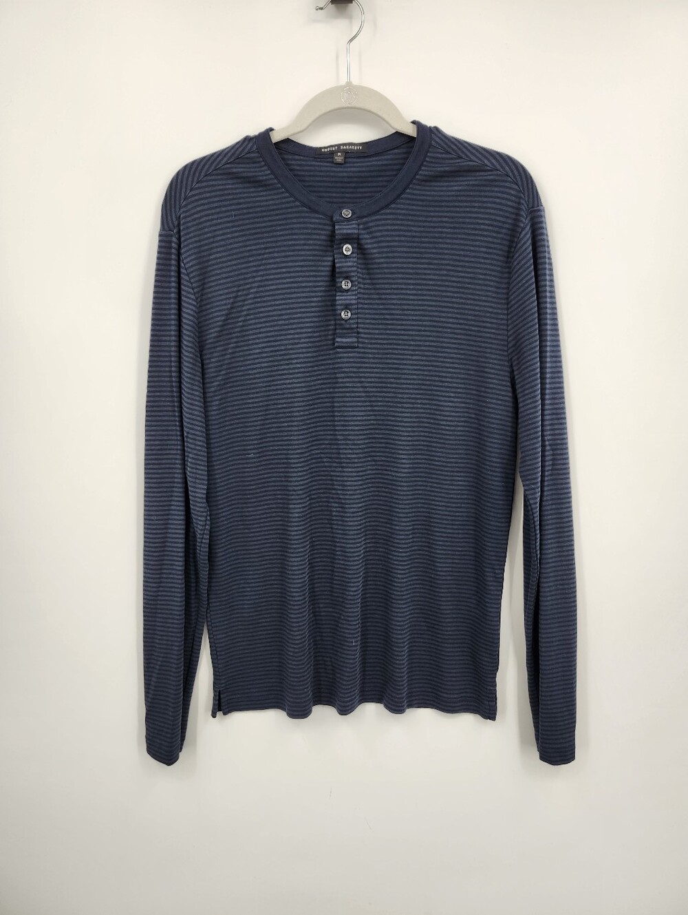 Robert Barakett Colton LS Henley Shirt Mens M Long Sleeve Blue Striped 4 Buttons